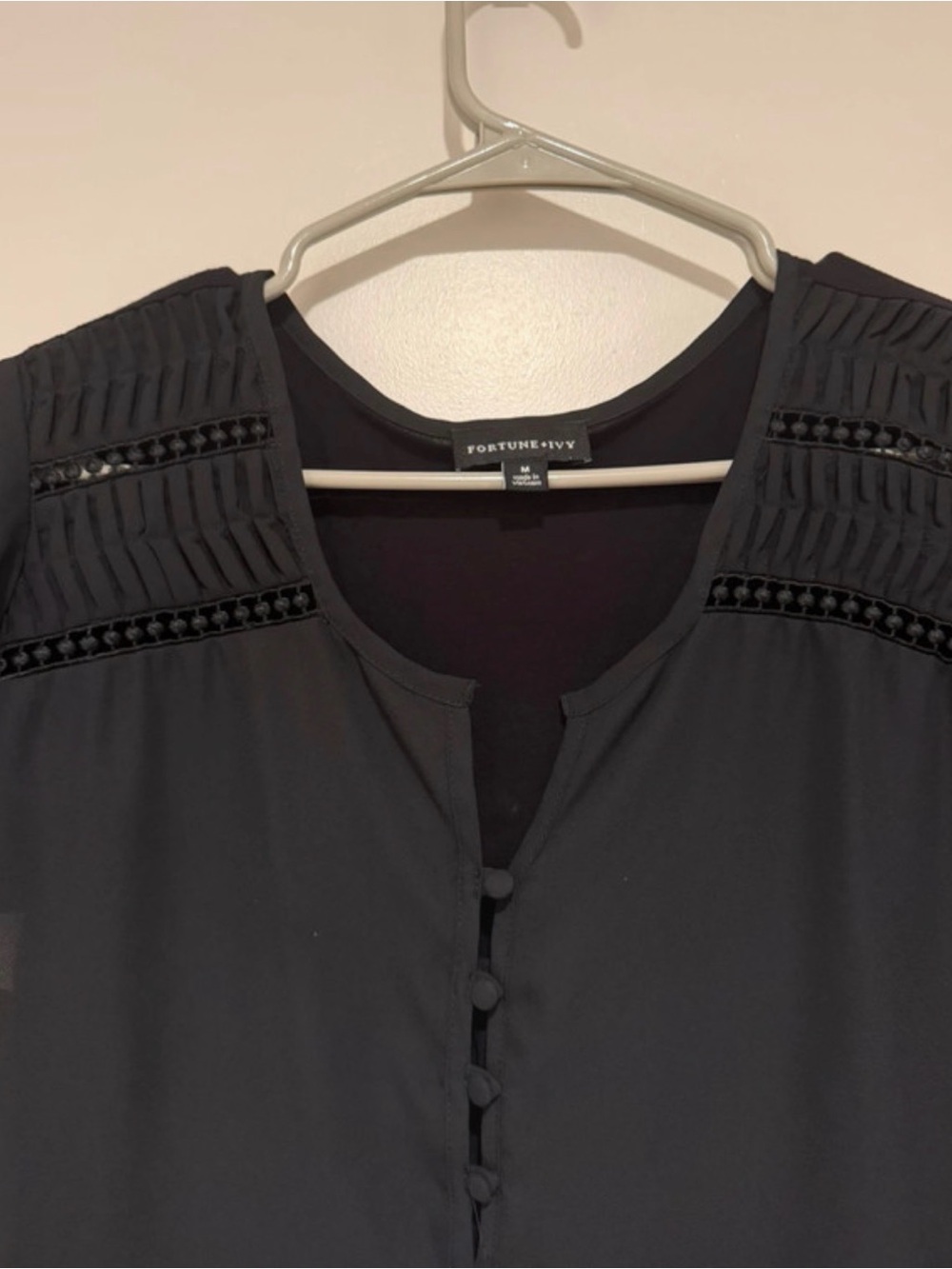 Fortune & Ivy Black Button-Front Blouse with Pleated Shoulder Detail